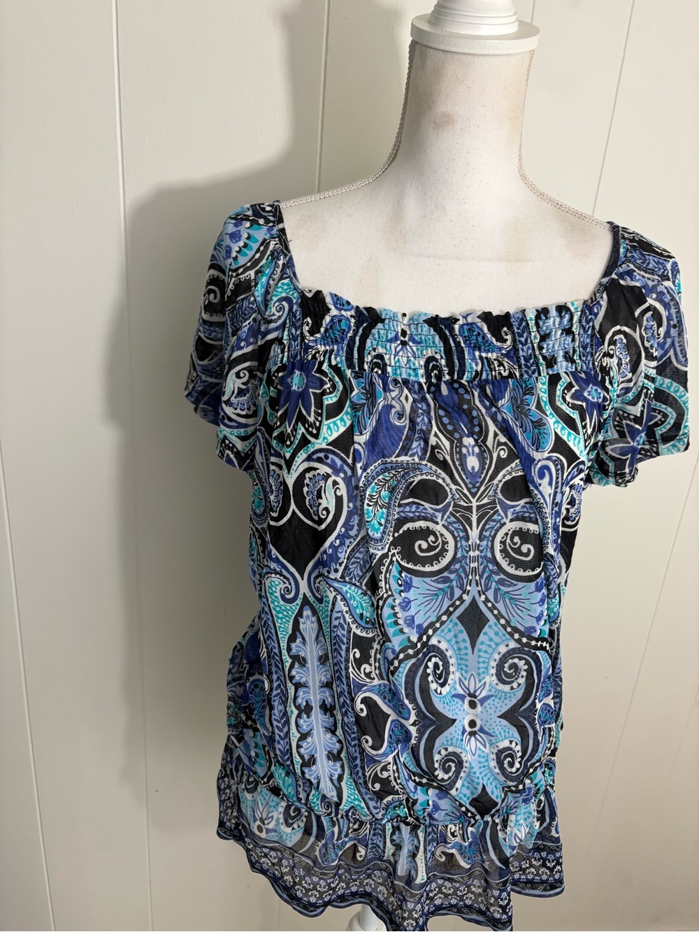 Apt. 9 Blue and Black Paisley Square-Neck Blouse